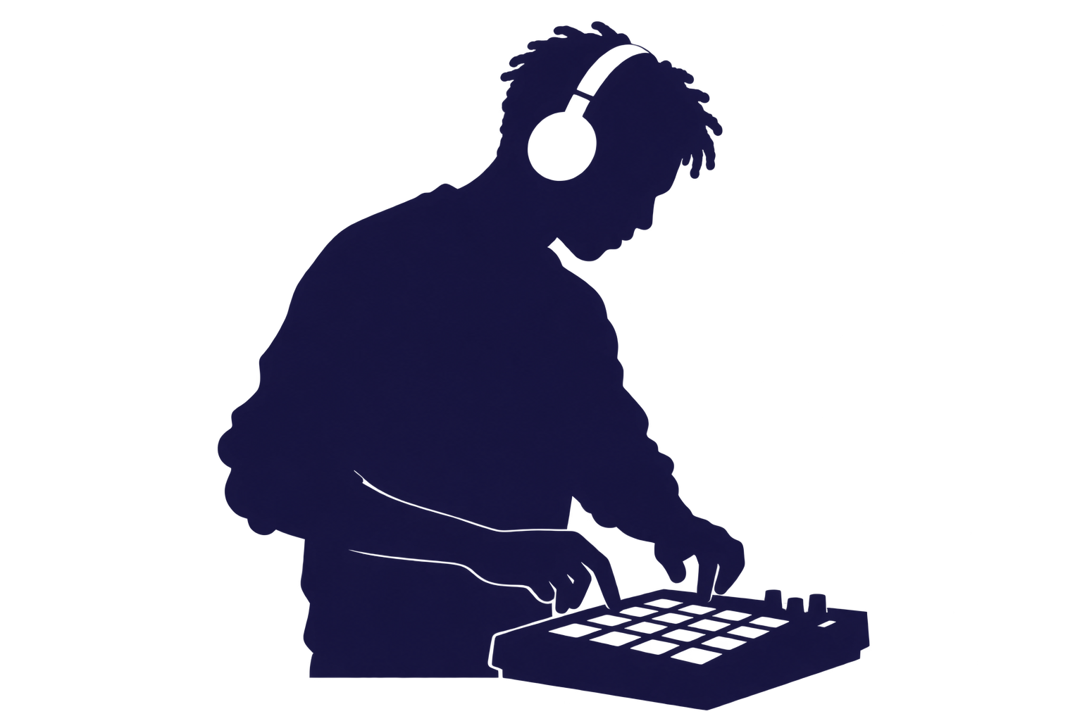 Waist-up silhouette of a standing beatmaker wearing headphones and playing a pad sampler