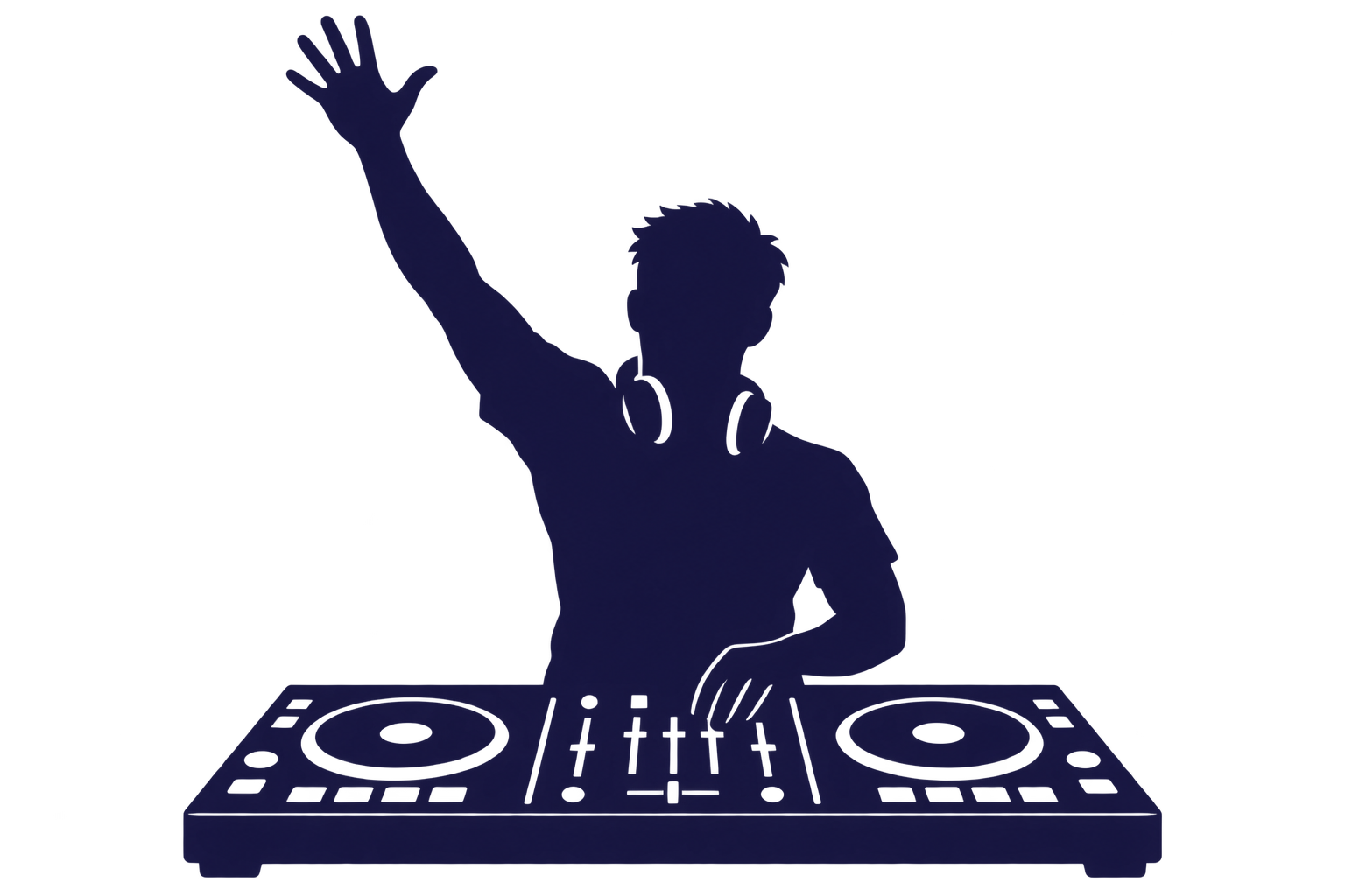 Silhouette of a DJ operating a mixer while raising one hand to engage the audience