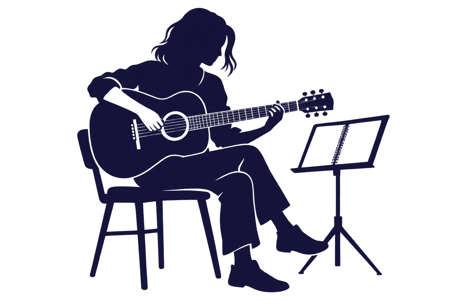 Silhouette of a songwriter working on a song with a guitar and music stand